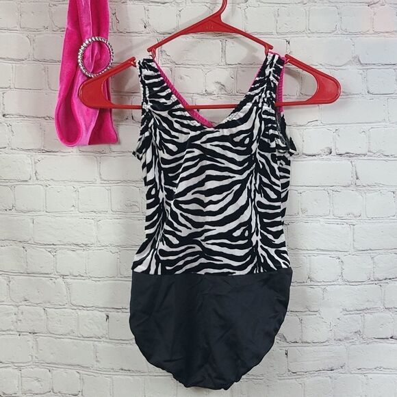 Dansco Hot Pink Zebra Dance Leotard Velour Plush Girls LC Large Belted Bodysuit - Picture 9 of 13
